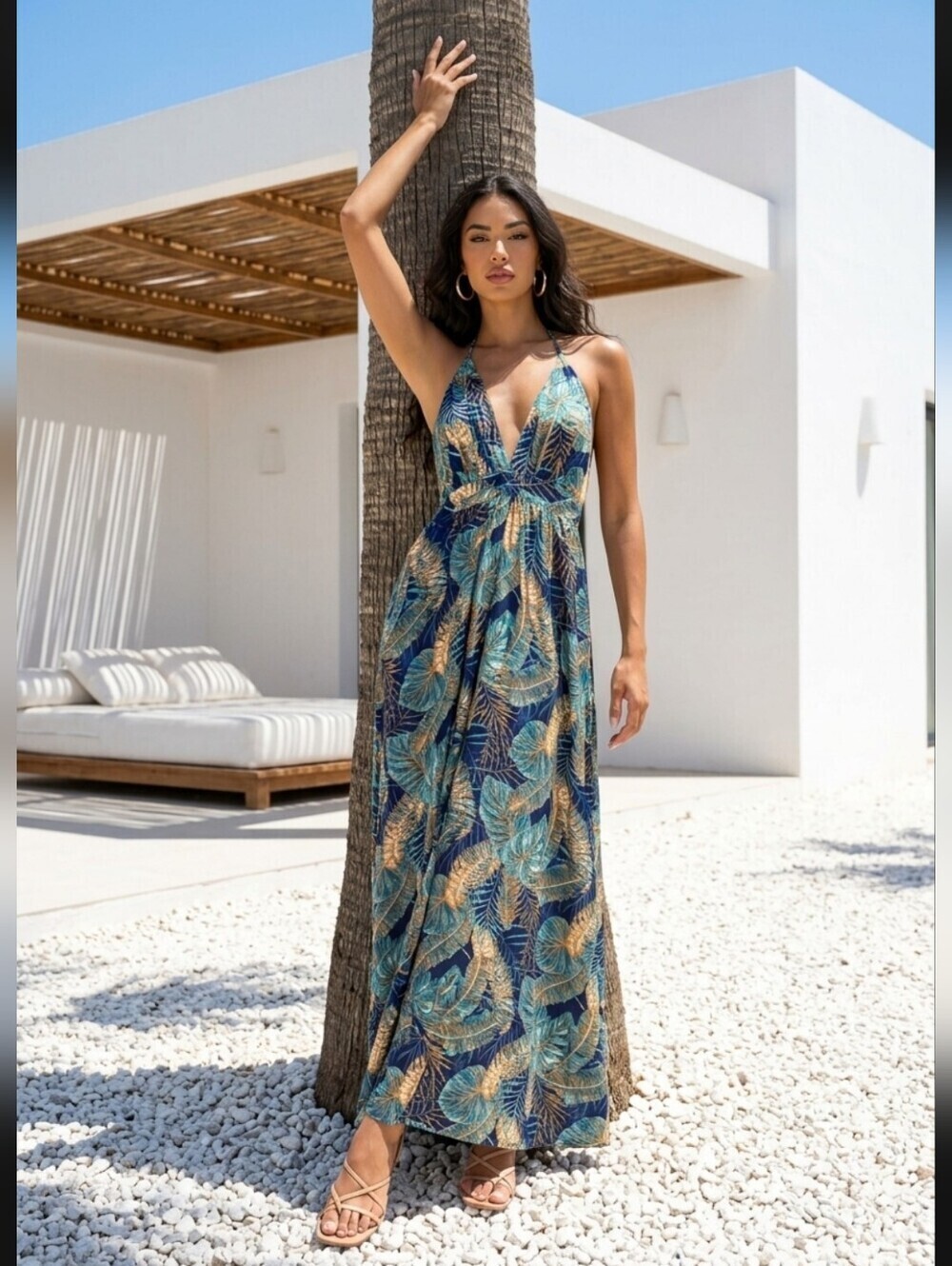 SHEIN Blue and Green Plunge Neck Sleeveless Maxi Sundress Size 1XL
